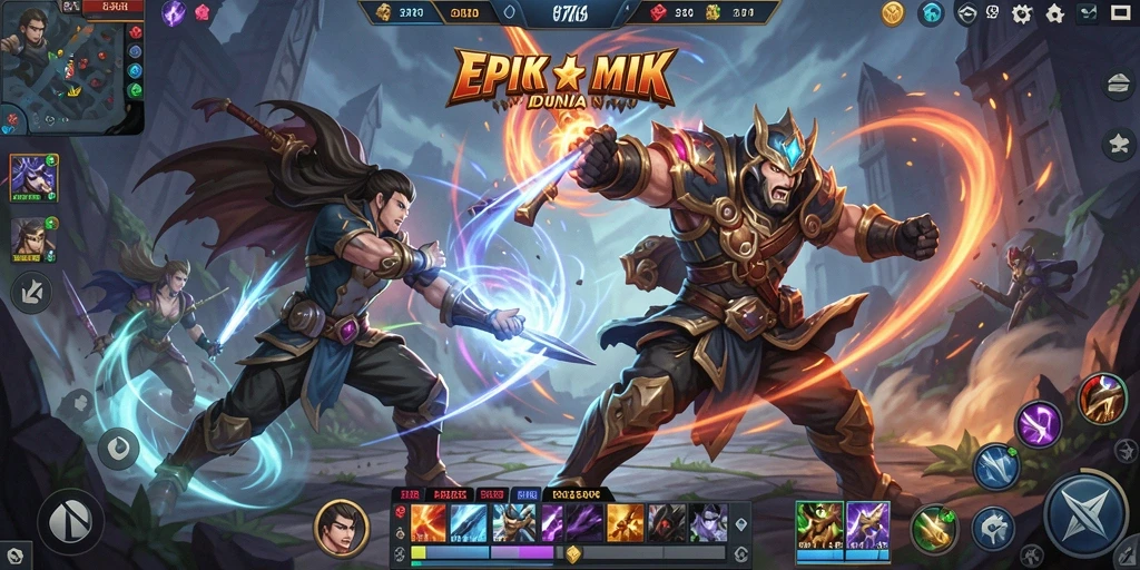Tampilan gameplay intens dalam pertempuran MOBA.