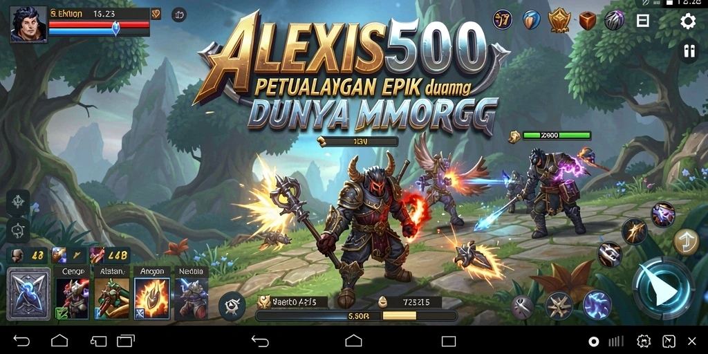 Screenshot utama ALEXIS500 menampilkan pertarungan epik dalam MMORPG.