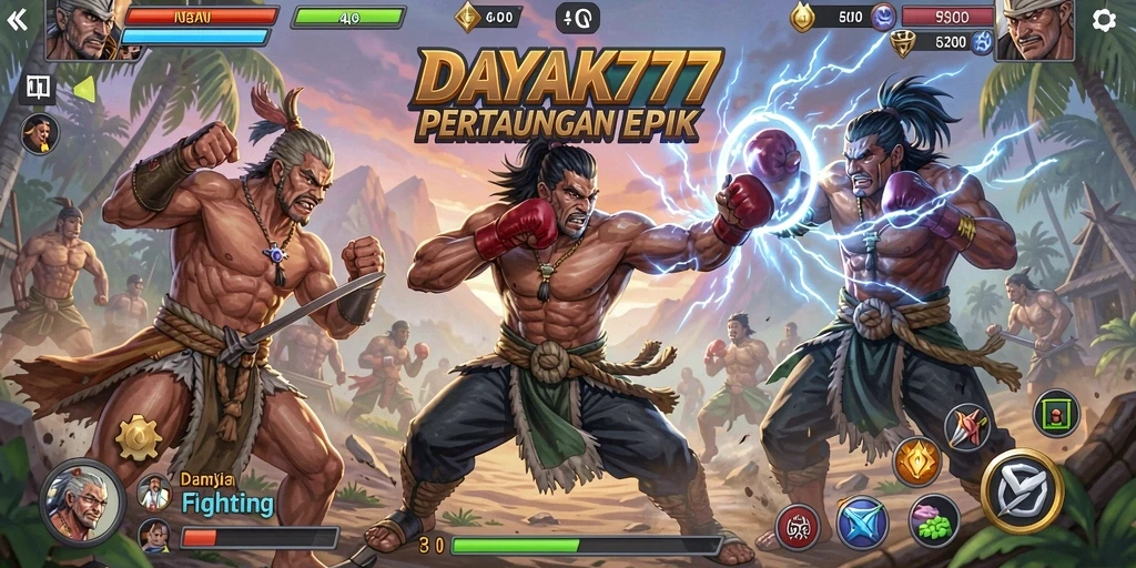 Screenshot dari gameplay DAYAK777 yang menampilkan aksi pertarungan intens.