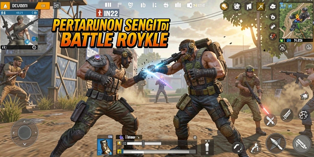 Screenshot gameplay IN22 menampilkan pertarungan seru di arena Battle Royale.