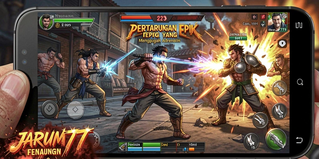 Screenshot menunjukkan karakter bertarung dalam aksi dinamis yang menegangkan.