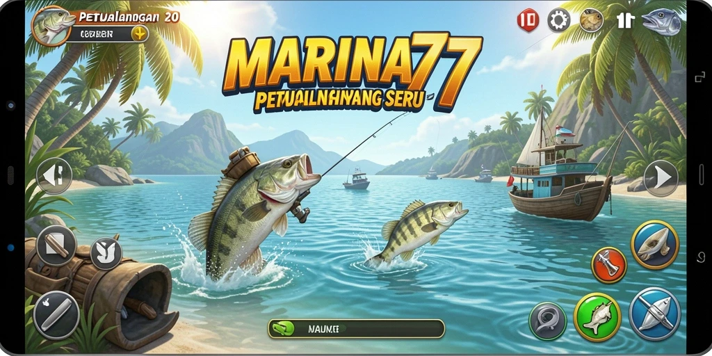 Tampilan gameplay yang menarik saat memancing di lautan luas.