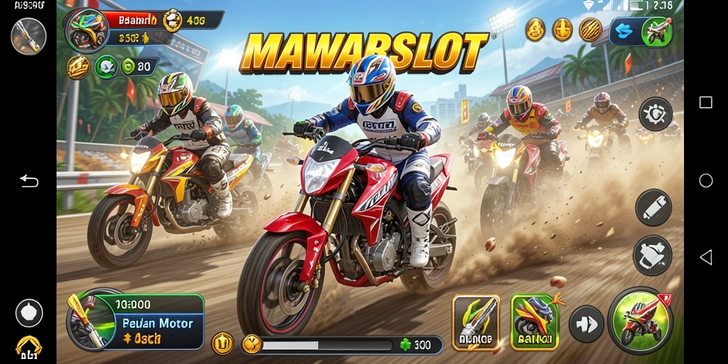 Tampilan gameplay seru dalam MAWARSLOT dengan aksi balapan motor cepat.