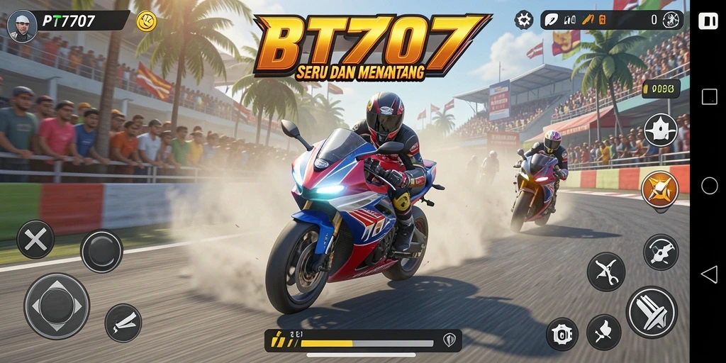 Tampilan seru dari gameplay balapan motor di PT707.