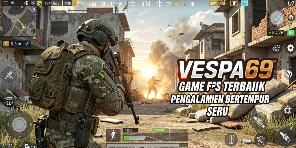 Screenshot VESPA69 menunjukkan aksi intens dalam gameplay FPS.